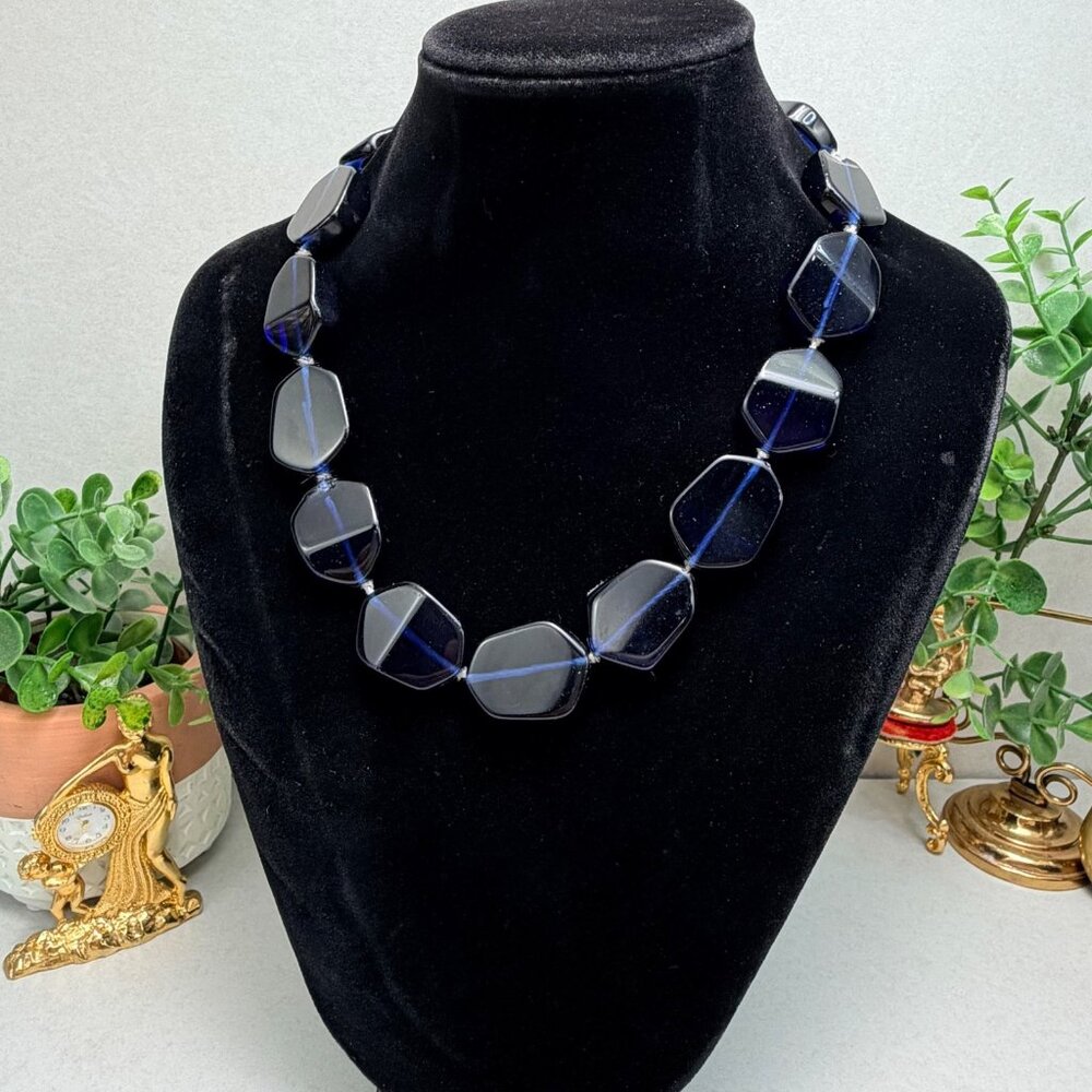 Stunning Deep Blue Glass Statement Necklace Bold Faceted Beads Modern